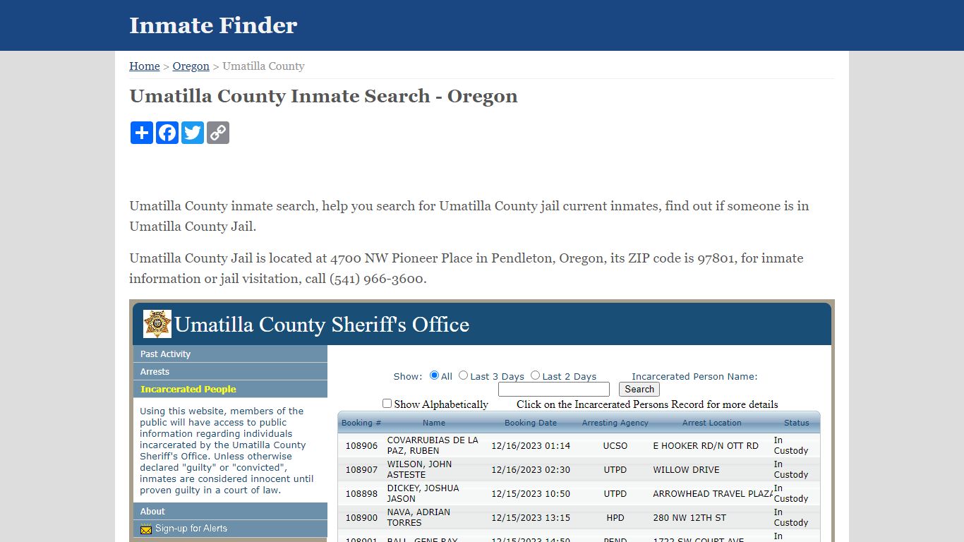 Umatilla County Inmate Search - Oregon